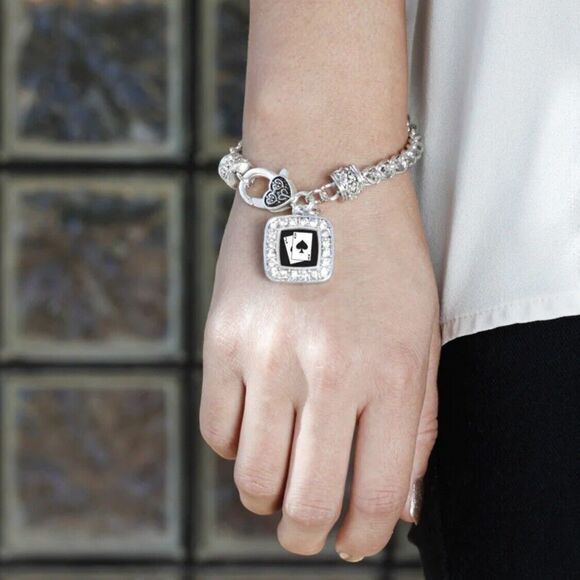 Silver Plated Blackjack Square Charm Braided Bracelet Cubic Zirconia 7.5 in‎ - Picture 7 of 13